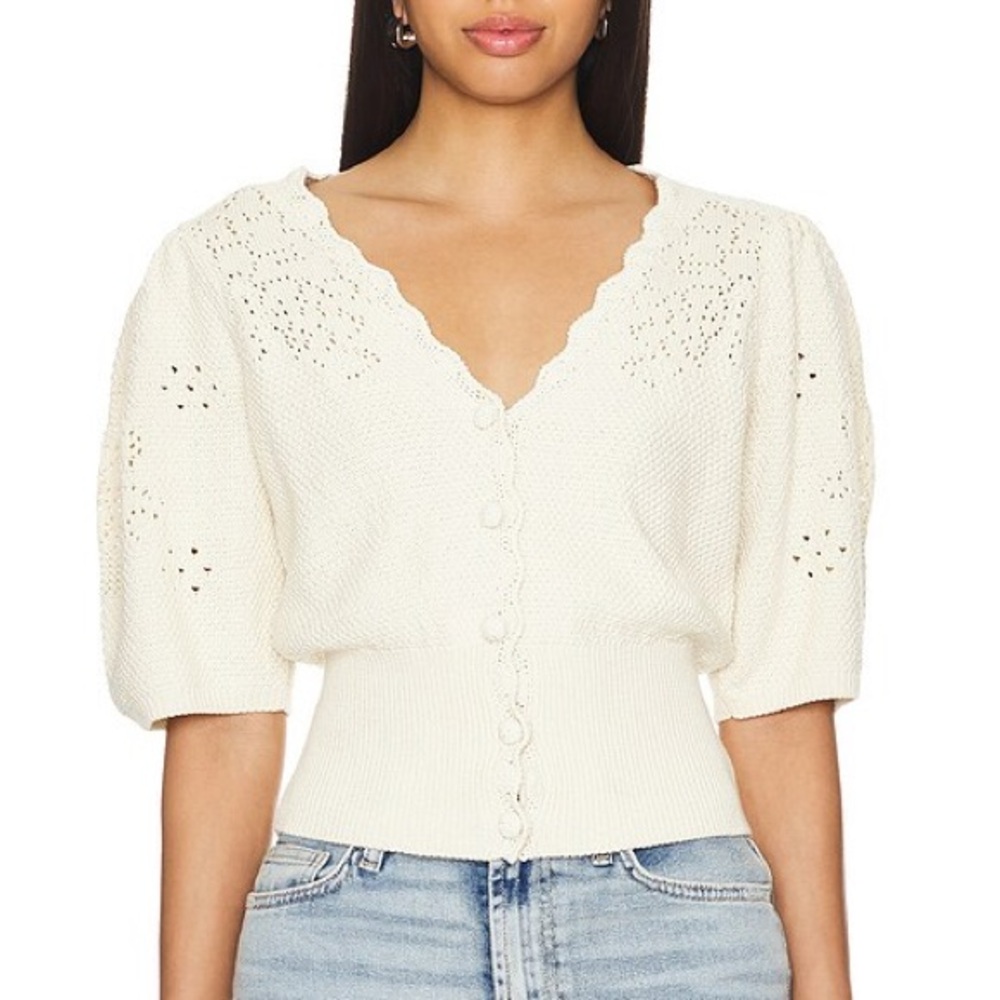 7 For All Mankind | Pointelle Peplum Cardigan / Blouse Women's Cream M - Picture 7 of 7
